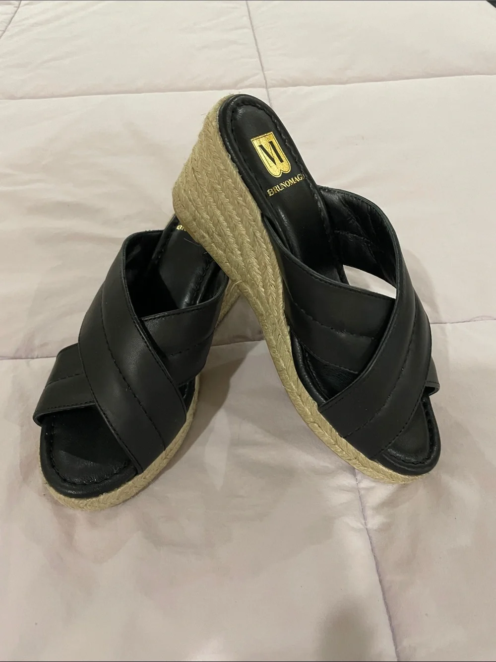 Bruno Magli Black Leather Crossover Espadrille Wedge Slides